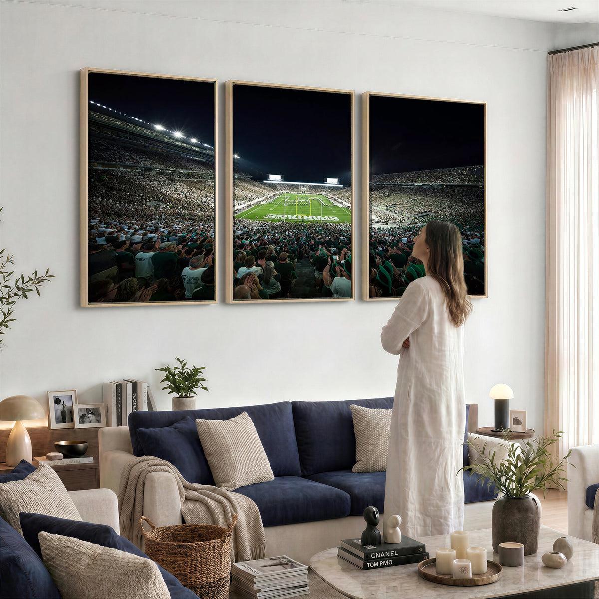 57523-PAN-FL-20X10 - Framed Michigan State Spartans Football Team Print - East Lansing Spartan Stadium Wall Art Canvas