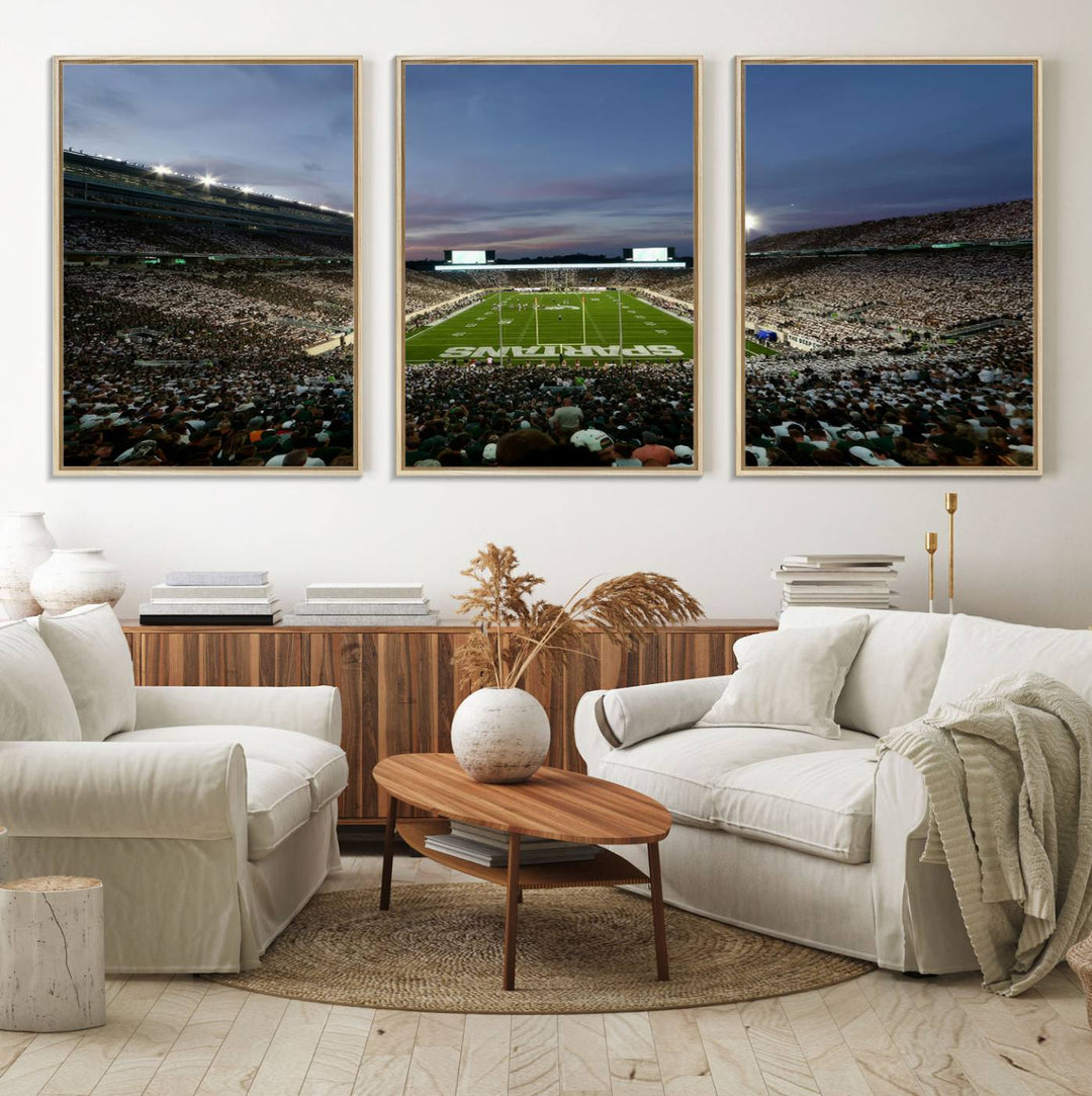 Wall art featuring a stadium at dusk with full stands—ideal for the Michigan State Spartans Football Team Canvas Print.