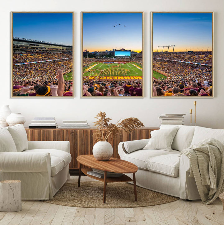 Canvas wall art featuring the University of Minnesota Football Team print, showcasing Huntington Bank Stadium at sunset with jets overhead.