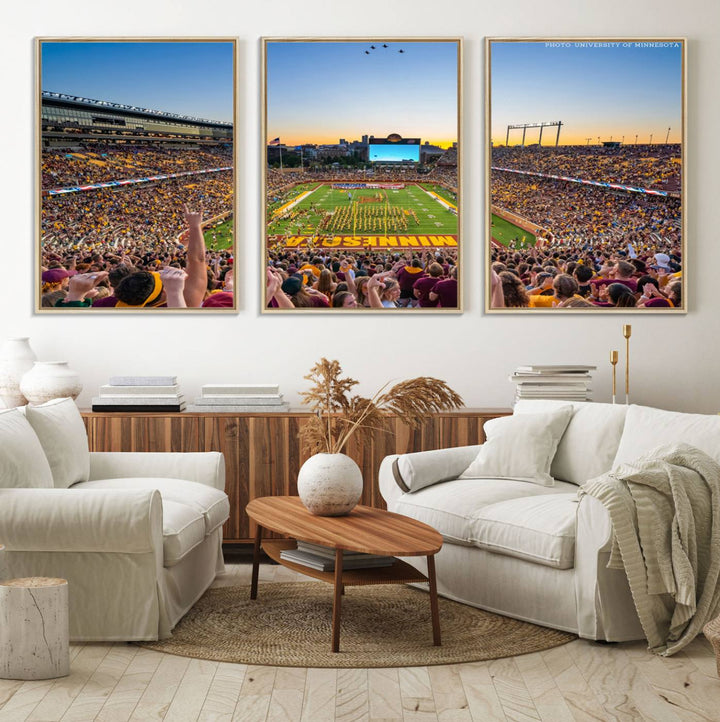 The University of Minnesota Golden Gophers Football Team Print, capturing a sunset scene, is ideal for gallery-quality wall art.