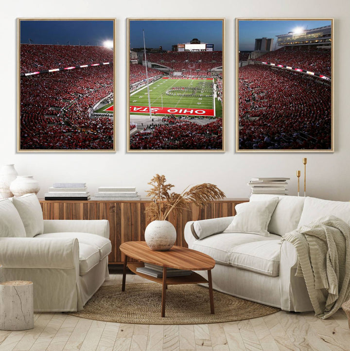 Premium gallery-quality canvas wall art featuring an aerial view of a packed Ohio State stadium at dusk, highlighting the Buckeyes.