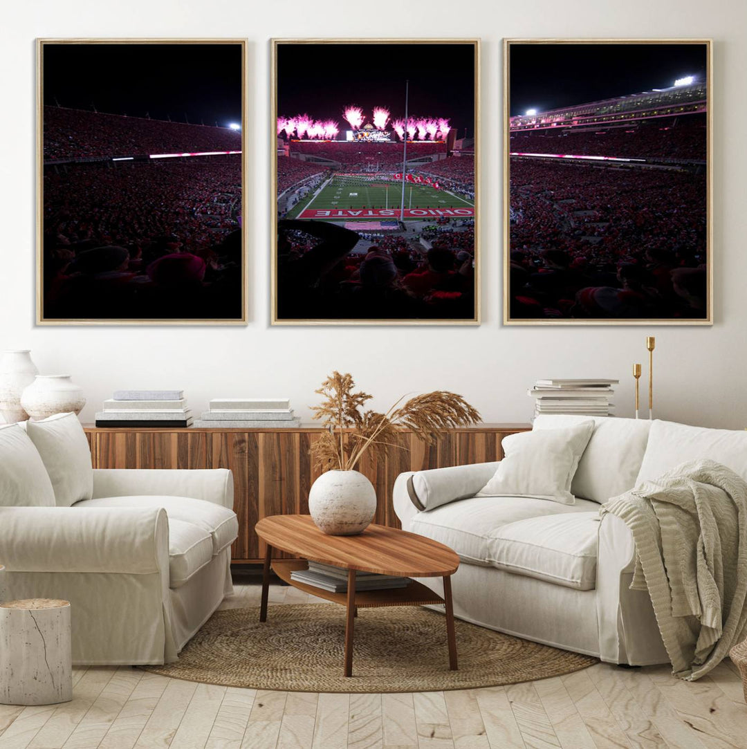 Premium canvas wall art featuring Ohio State University Buckeyes football stadium and fireworks.