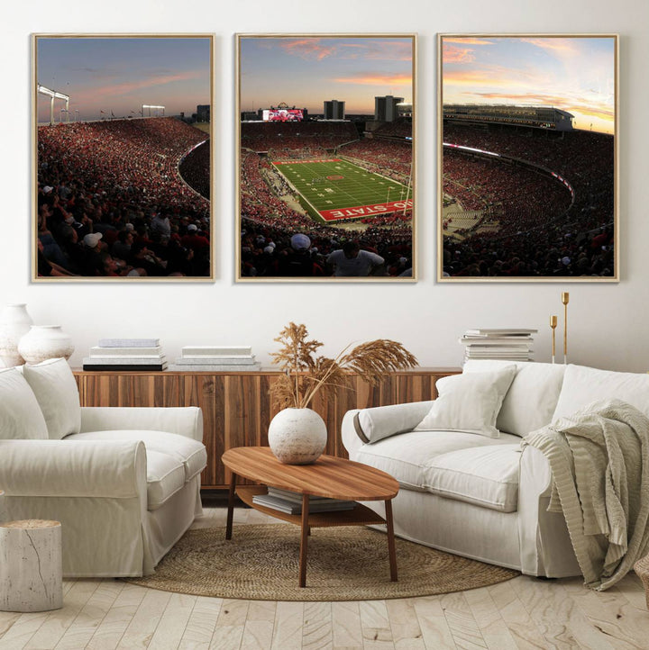 The canvas wall art captures a stunning stadium view of a sunset over Ohio State University Buckeyes football fans.