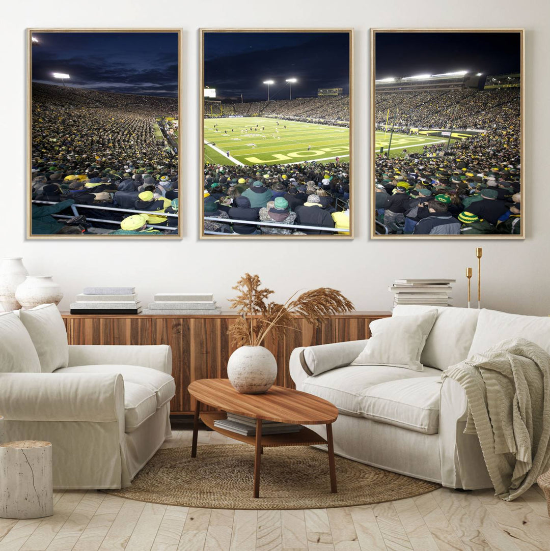 Under bright lights, a University of Oregon Ducks Canvas Print captures the excitement of fans packing Autzen Stadium for a night football game.