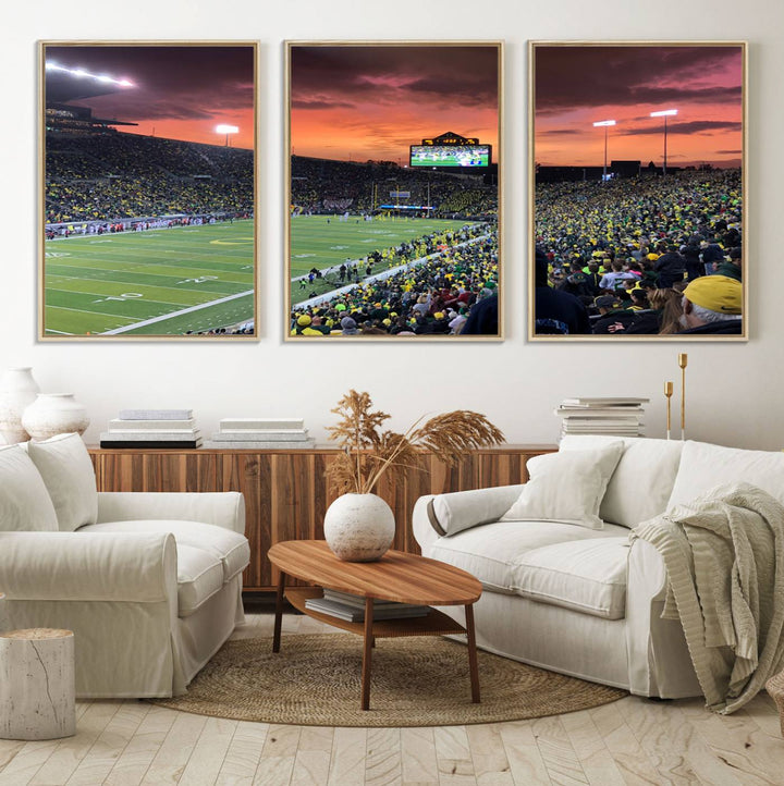 This stunning wall art print captures a vibrant sunset at Eugene Autzen Stadium.