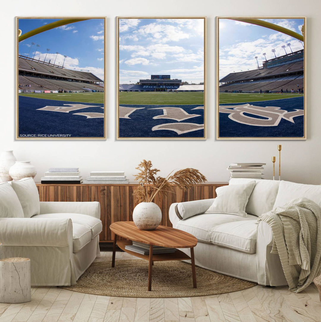 Fish-eye view of an empty stadium, ideal wall art on premium canvas: Rice University Owls Football Team Print.