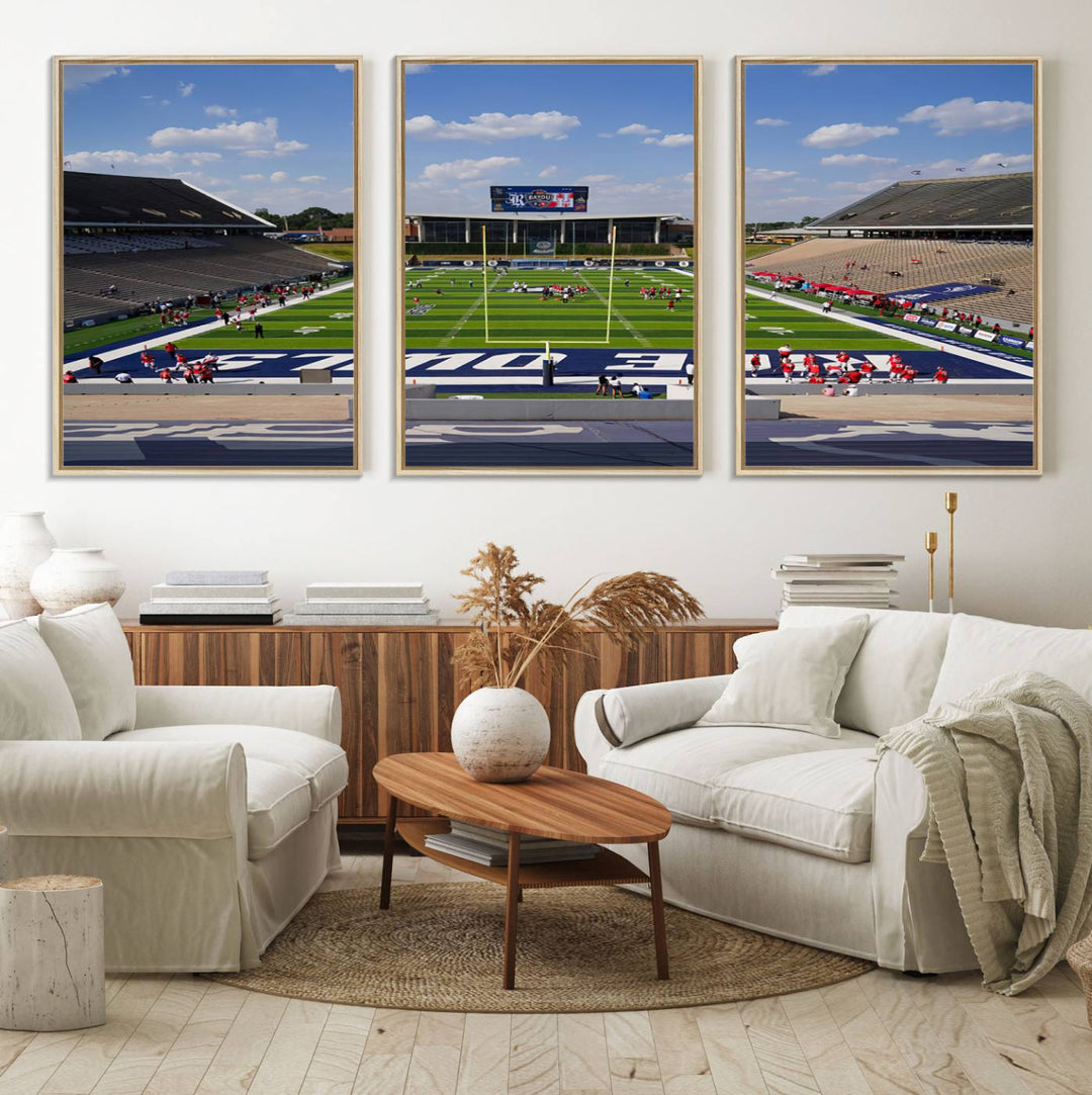 Rice Stadium print: This artwork features a football field with empty stands and a gallery-quality finish under a clear blue sky.