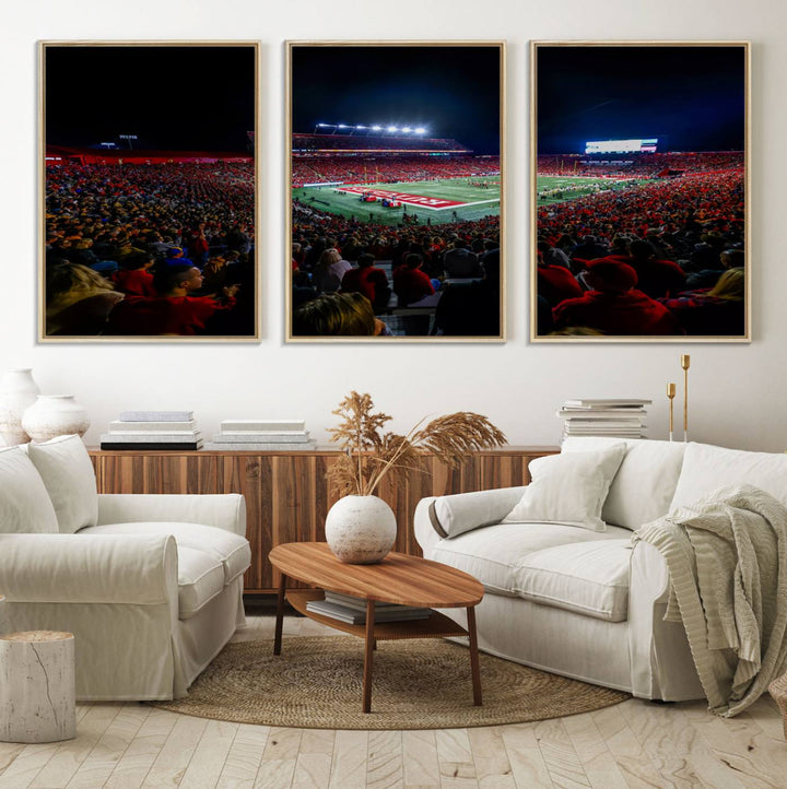 A premium canvas wall art print depicting Rutgers Scarlet Knights SHI Stadium filled with fans under vibrant lights.