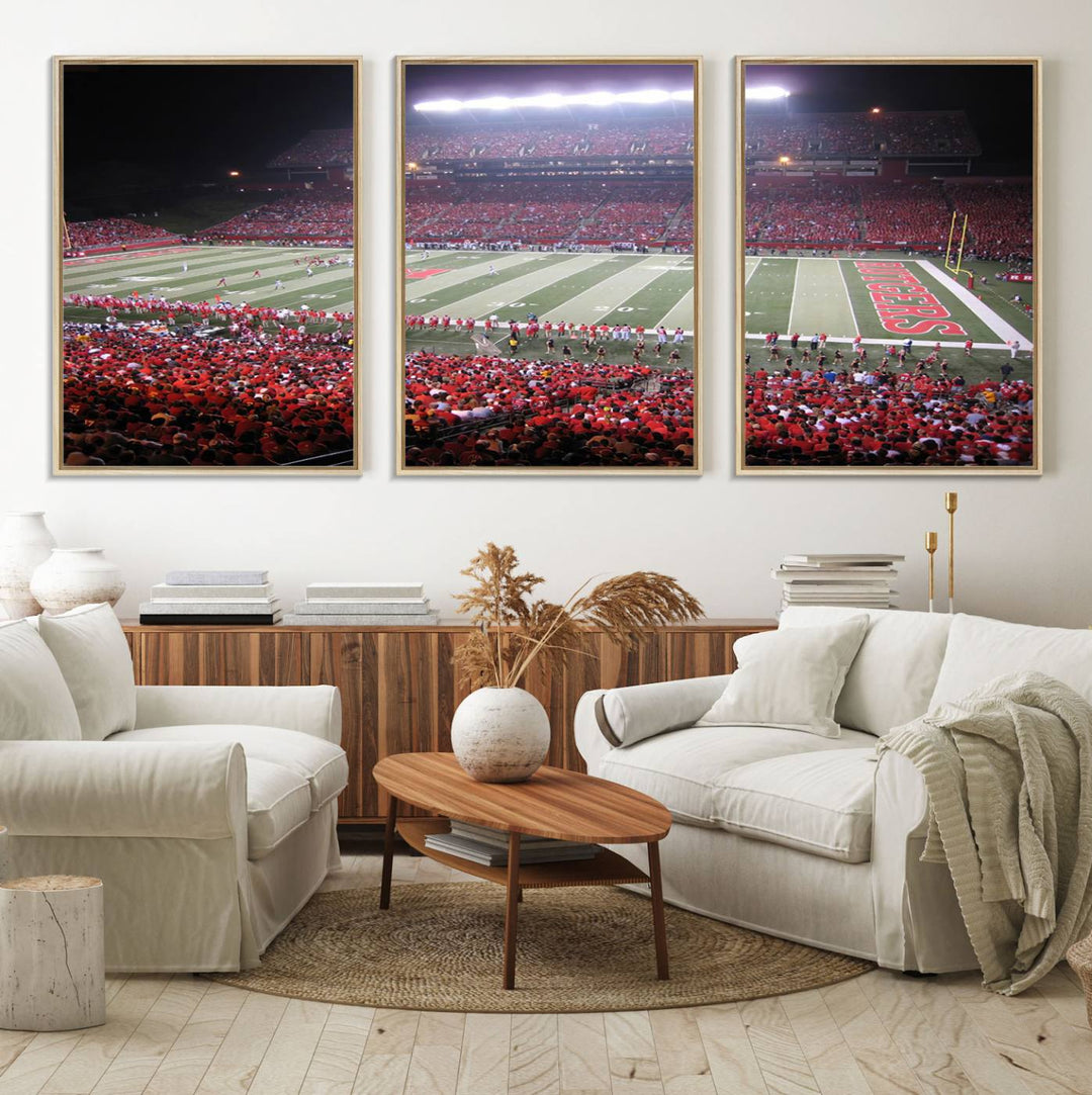 A bustling night game at SHI Stadium is captured as Rutgers Scarlet Knights wall art on a gallery-quality canvas print.