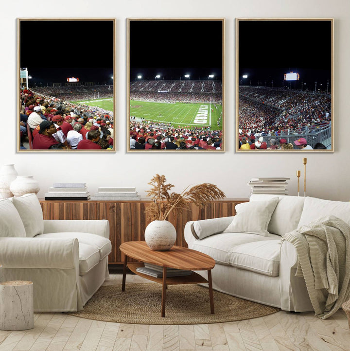 This Stanford University Cardinal Football Team canvas print, depicting fans in red filling Stanford Stadium at night, is perfect.