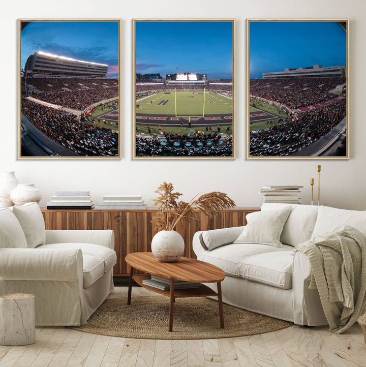 The wall art in the living room features a Texas Tech Red Raiders Football Team Print, showcasing Jones AT&T Stadium at dusk.