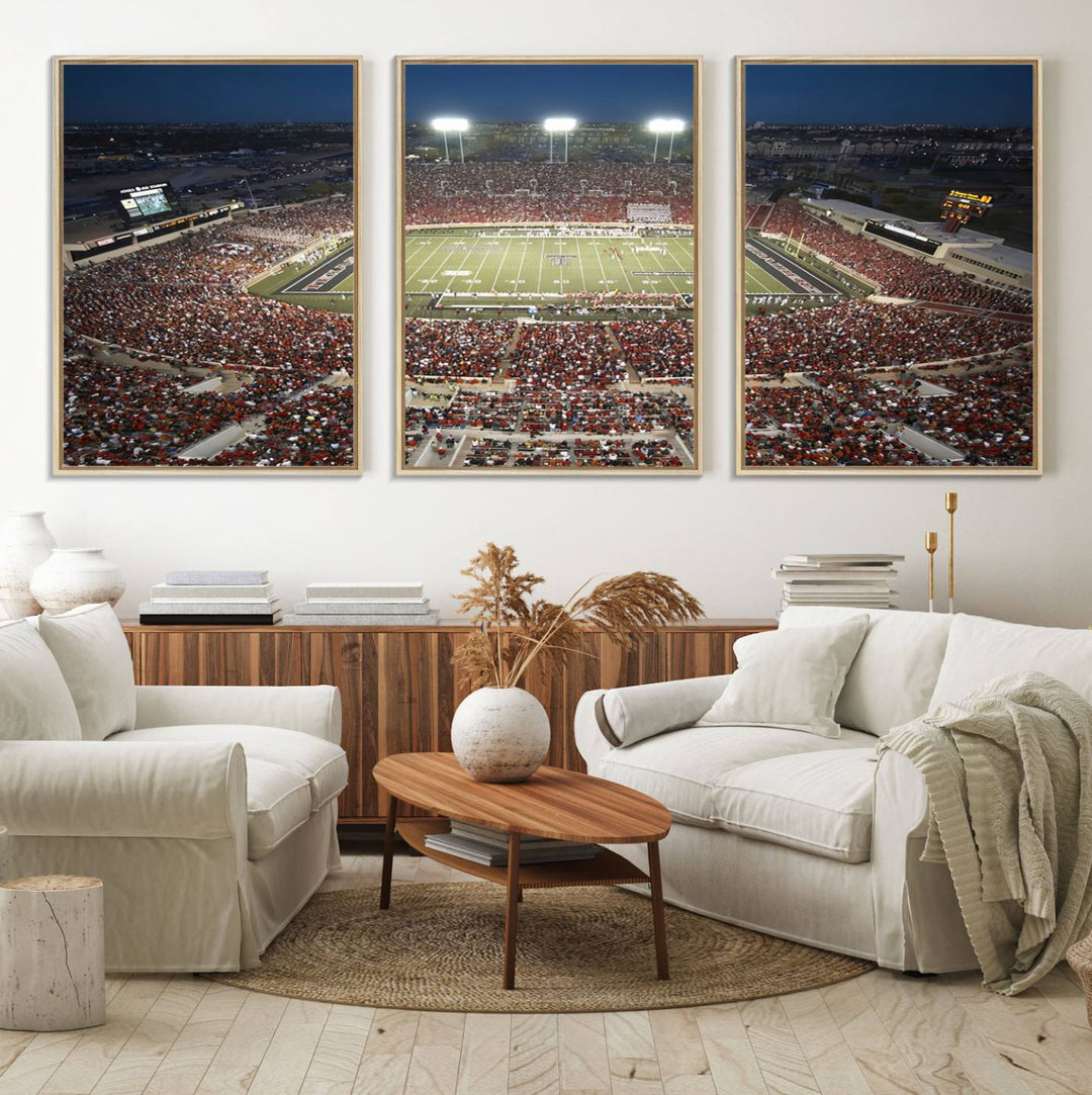 Canvas wall art featuring an aerial view of the Texas Tech Red Raiders packed night game at Lubbock’s Jones AT&T Stadium.