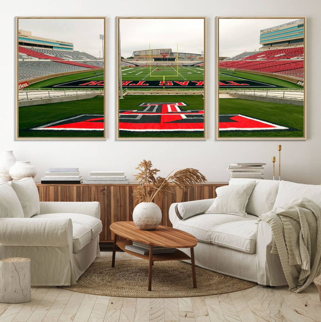 Gallery-quality print of Lubbock Jones AT&T Stadium featuring the Texas Tech Red Raiders field, highlighted by red and gray bleachers.