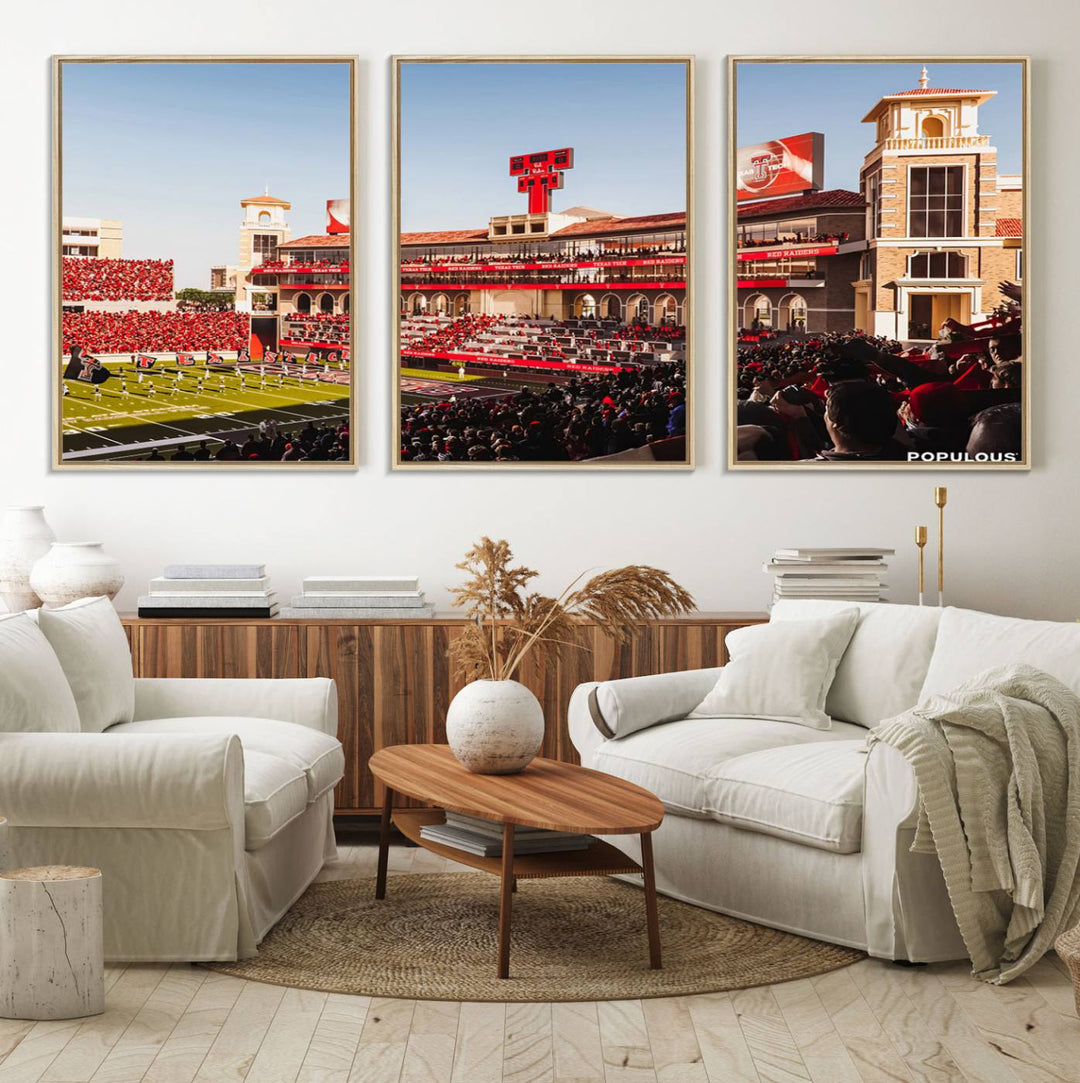 The three-panel Jones AT&T Stadium wall art is ideal for enhancing the living room decor of college football fans.