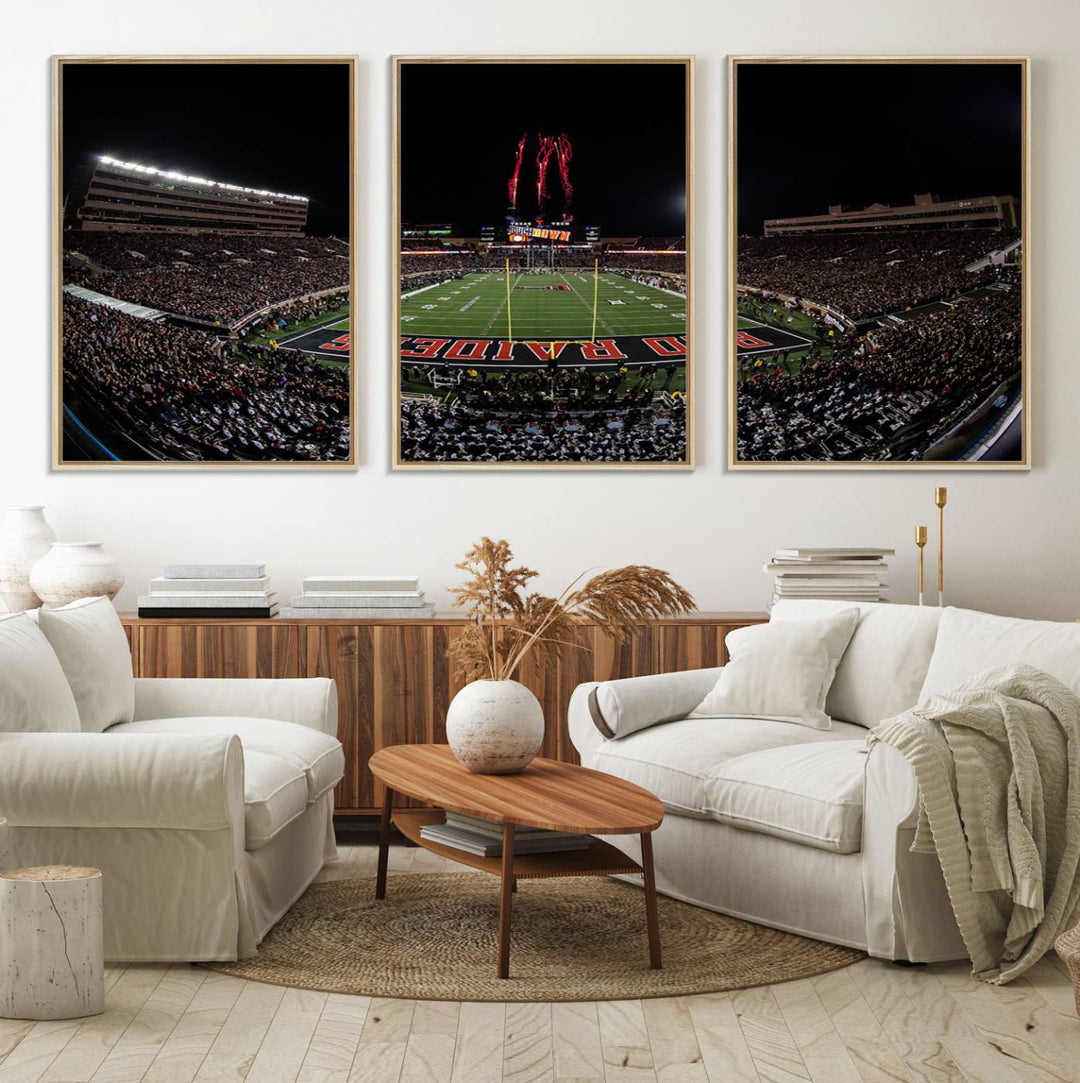 The wall features a Texas Tech Red Raiders Football Team Print on canvas, showcasing fireworks over a packed stadium at night.