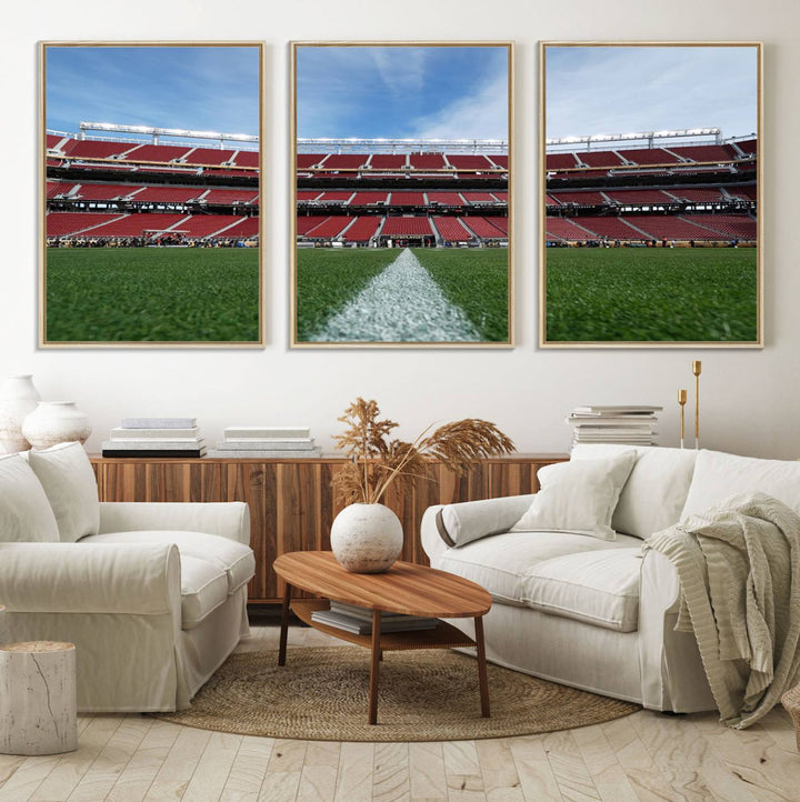 A canvas print of the University of Tulsa Golden Hurricane showcases H.A. Chapman Stadiums football field and red seats against a backdrop of a blue sky.