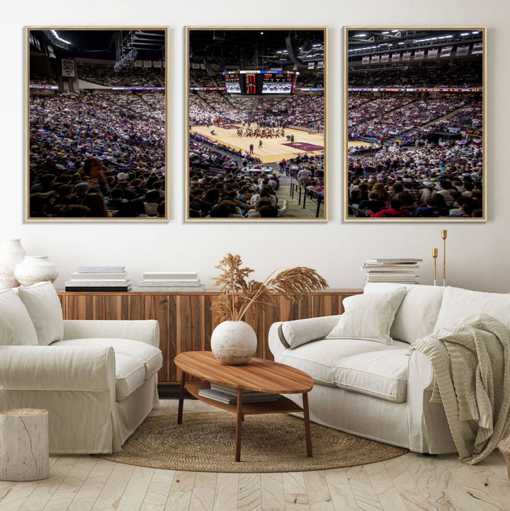 The Nebraska Basketball Arena Wall Art Canvas features an arena filled with Cornhuskers fans and players beneath a scoreboard.