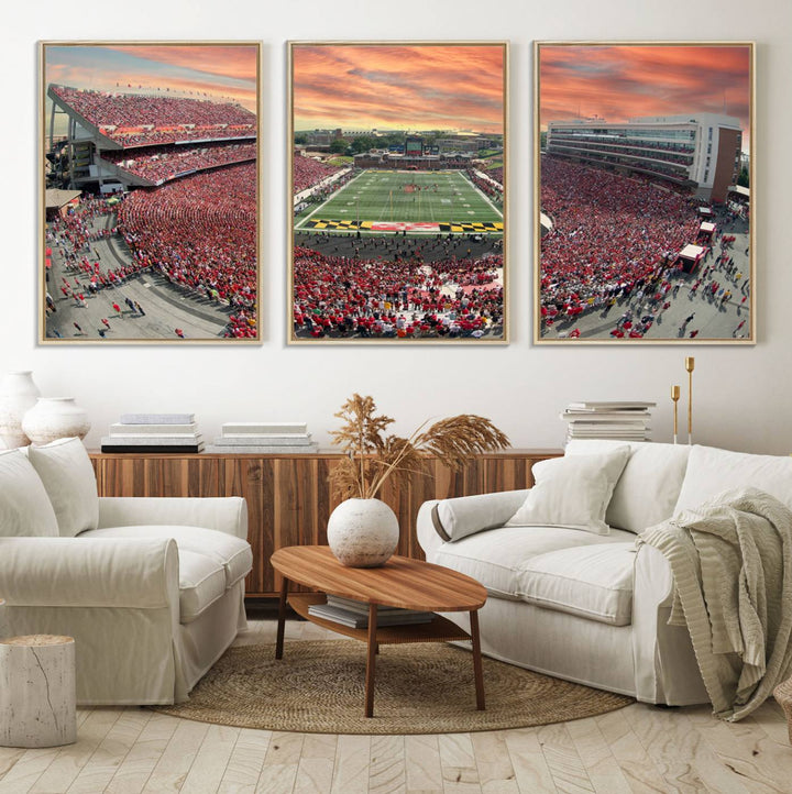 A packed SECU Stadium at sunset, ideal for your University of Maryland Terrapins Football Team wall art canvas print.