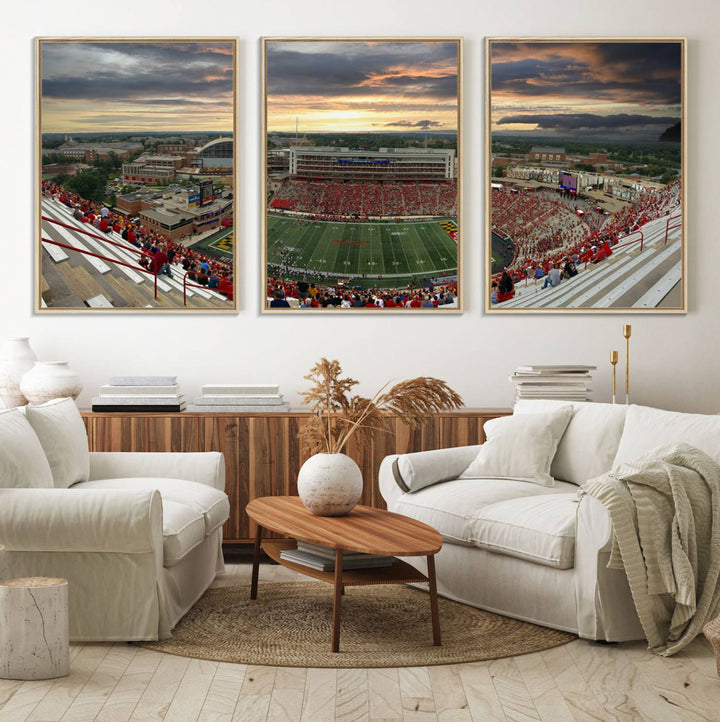 The University of Maryland Terrapins Football Team Print features SECU Stadium at sunset with vibrant skies.