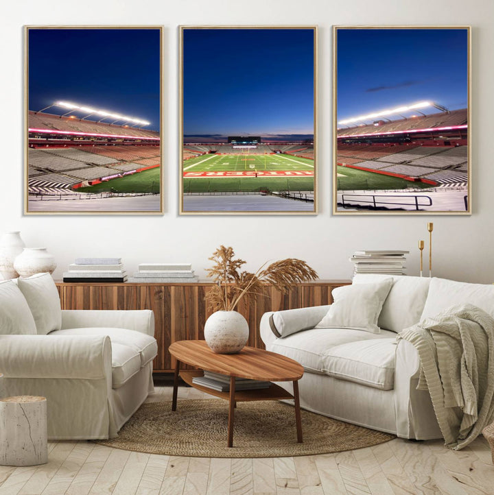 A large SHI Stadium at dusk, ideal for a Rutgers Scarlet Knights Football Team canvas print.