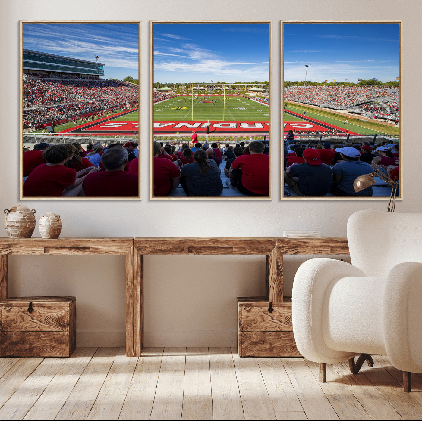 71475-MGV-FC-60X30-3P_Natural-Ball State Cardinals Football Team Print - Muncie Scheumann Stadium Wall Art Canvas Print