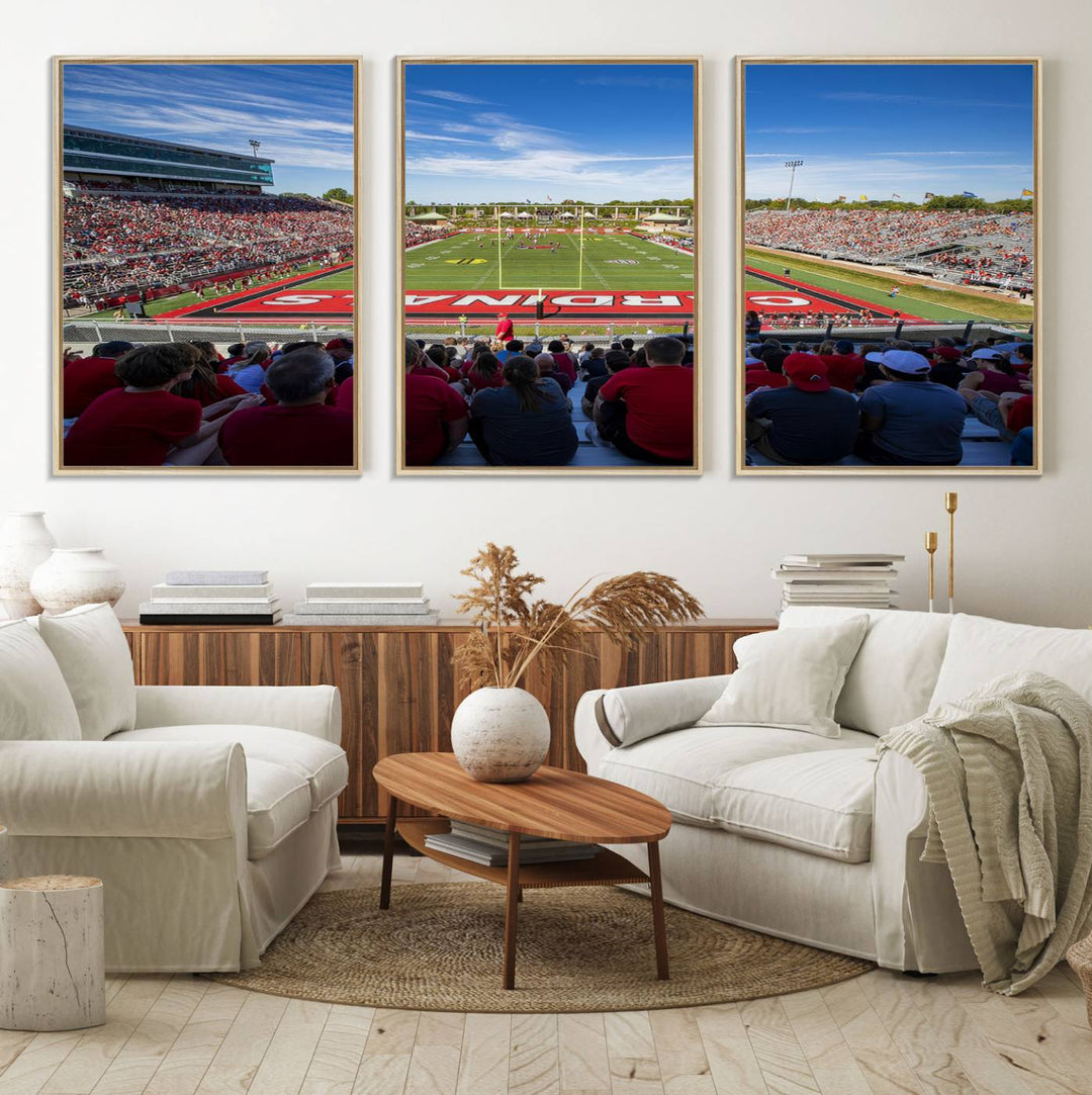 The Ball State Cardinals wall art on canvas depicts fans in red at Scheumann Stadium.