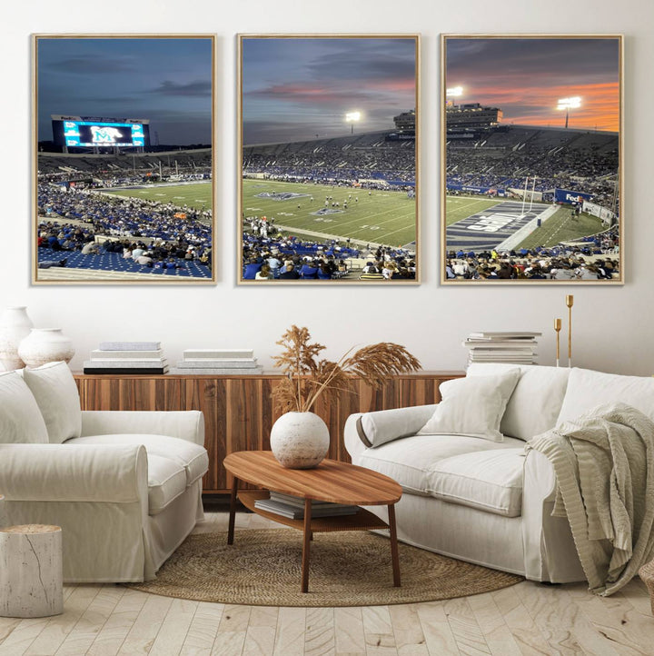 A Memphis Tigers football canvas print of Simmons Bank Liberty Stadium at sunset enhances the living room.