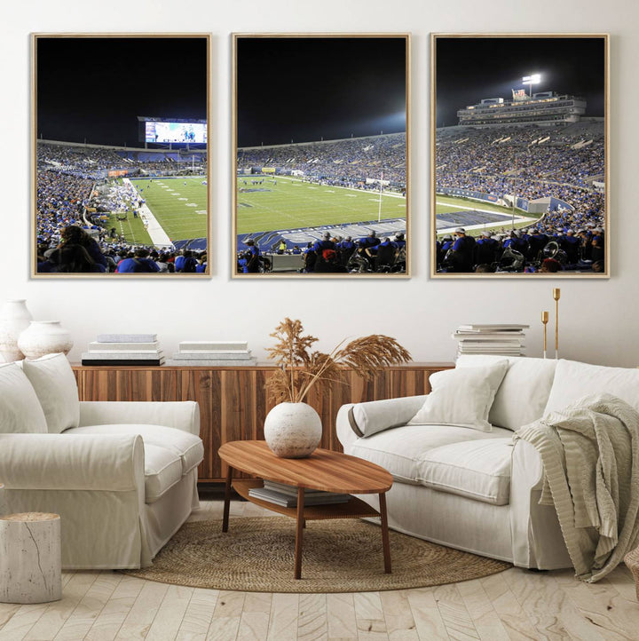 A vibrant depiction of Liberty Stadium at night, highlighting a Tigers football game on the large screen with stands filled with enthusiastic fans.