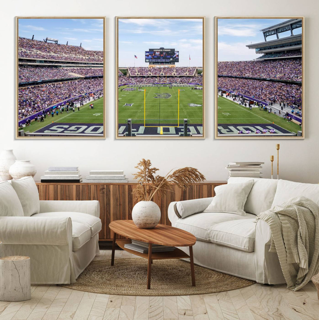 The TCU Horned Frogs print portrays a vibrant Amon G. Carter Stadium, filled with energy and game action.