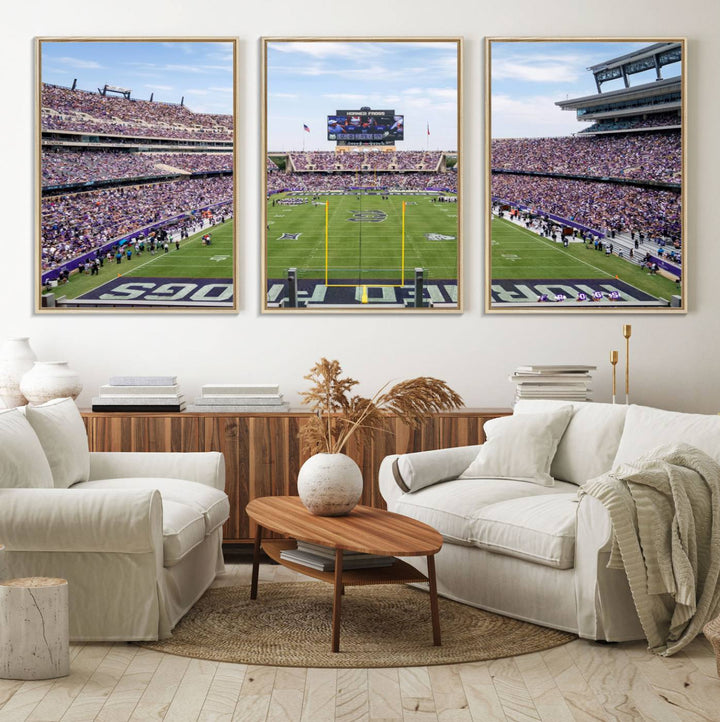 The TCU Horned Frogs print portrays a vibrant Amon G. Carter Stadium, filled with energy and game action.