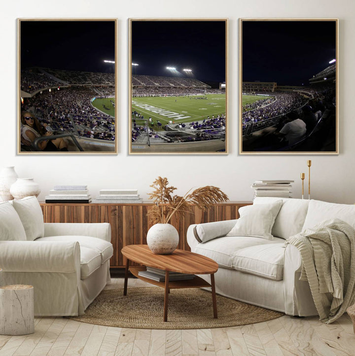 The wall art print features a night view of Amon G. Carter Stadium filled with TCU fans, showcased in the Horned Frogs Football Canvas Wall Art.