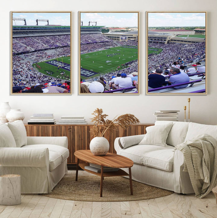 Amon G. Carter Stadium wall art canvas showcasing the TCU Horned Frogs and packed stands at Fort Worth.