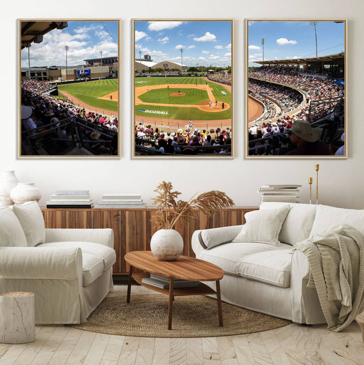 A baseball stadium under a blue sky, capturing the energy of The Texas A&M Aggies Athletics Kyle Field Wall Art.