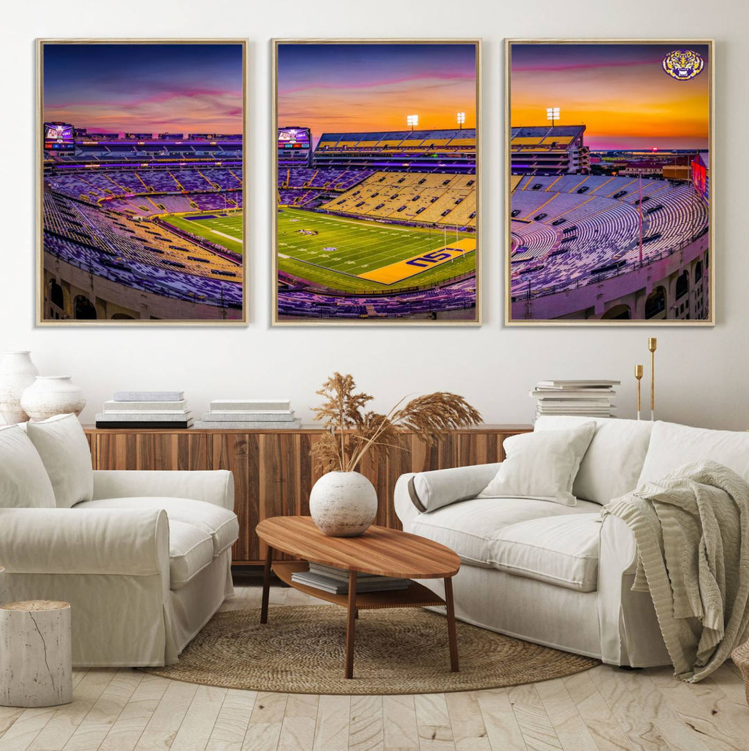 A canvas print of Tiger Stadium at sunset, depicting an empty field and stands, adorns the wall.