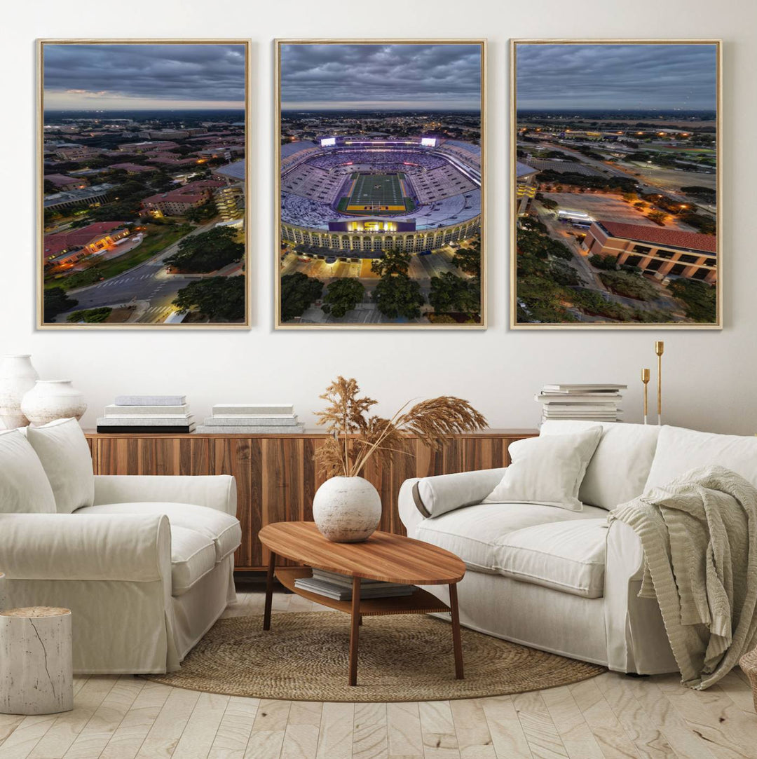 The LSU Tigers Football Team Baton Rouge Tiger Stadium Canvas is displayed prominently, capturing attention with its vivid depiction of the iconic stadium.