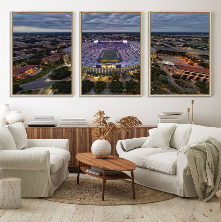 The LSU Tigers Football Team Baton Rouge Tiger Stadium Canvas is displayed prominently, capturing attention with its vivid depiction of the iconic stadium.