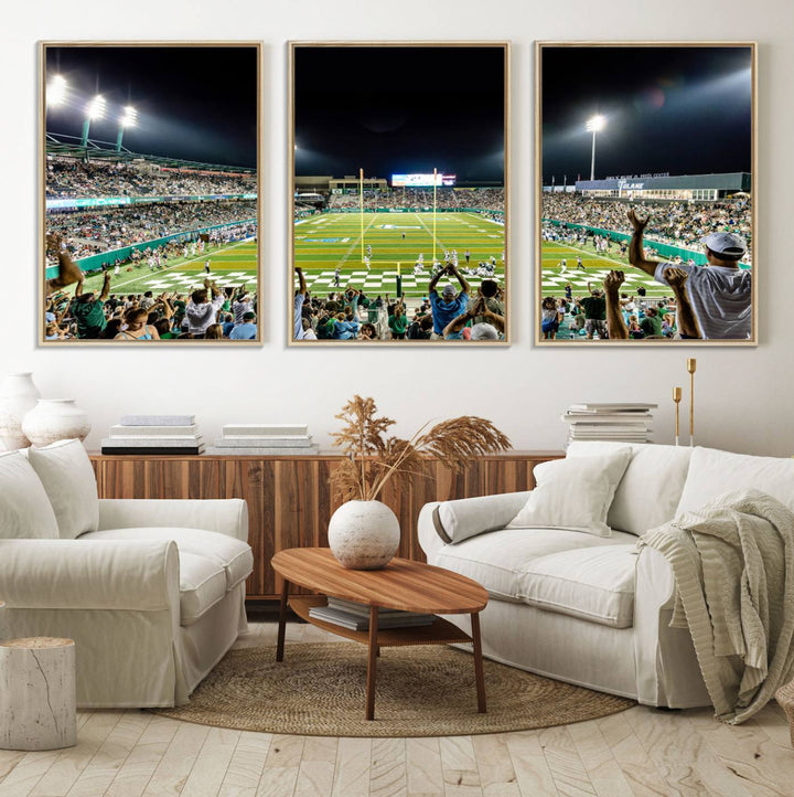 This vibrant wall art canvas print captures the excitement of fans cheering for the Tulane Green Wave Football Team under the lights of Yulman Stadium.