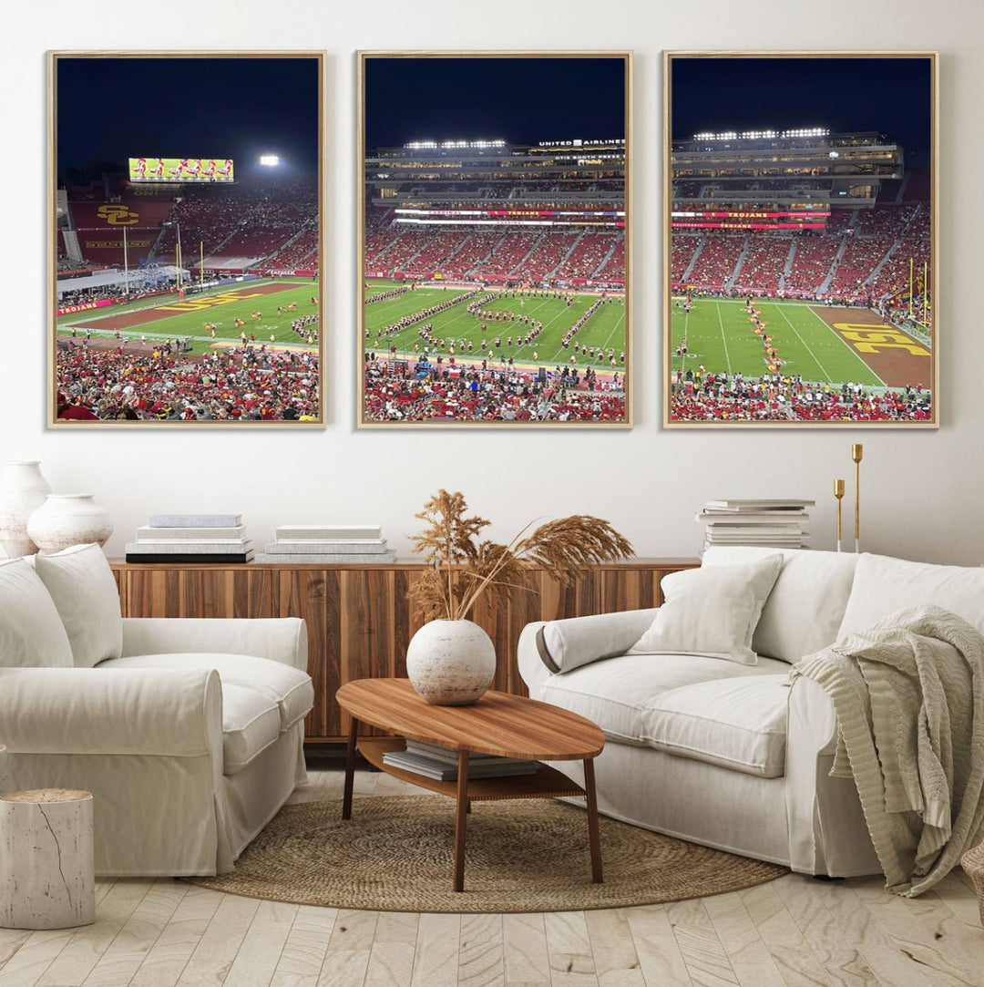 Canvas print depicting a packed stadium at night with a marching band forming USC, celebrating the Trojans at Los Angeles Memorial Coliseum.