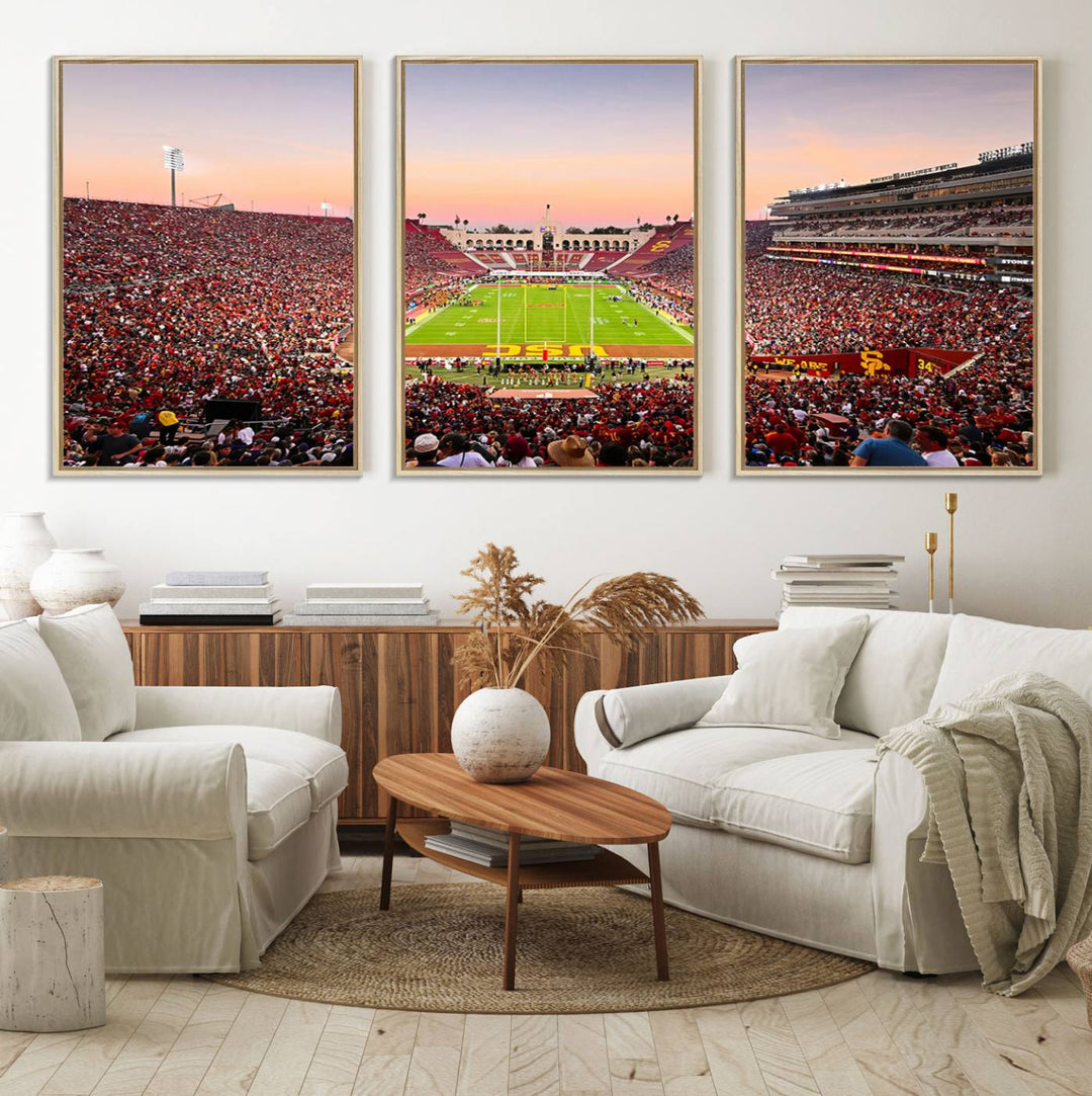 A USC Trojans wall art canvas print highlights the scene, depicting the Coliseum Stadium at sunset.