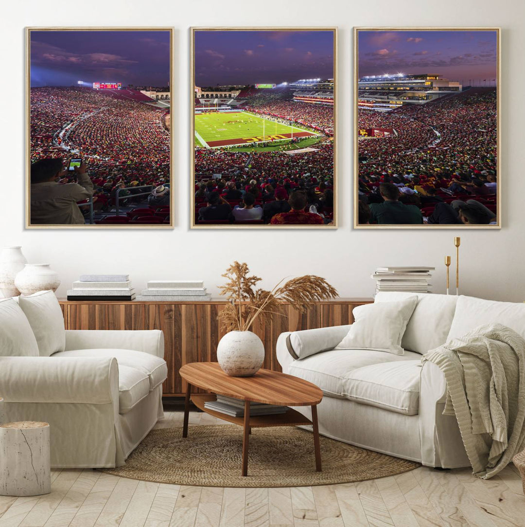 The vibrant wall art canvas print captures the USC Trojans playing under lights at dusk in LA Memorial Coliseum.