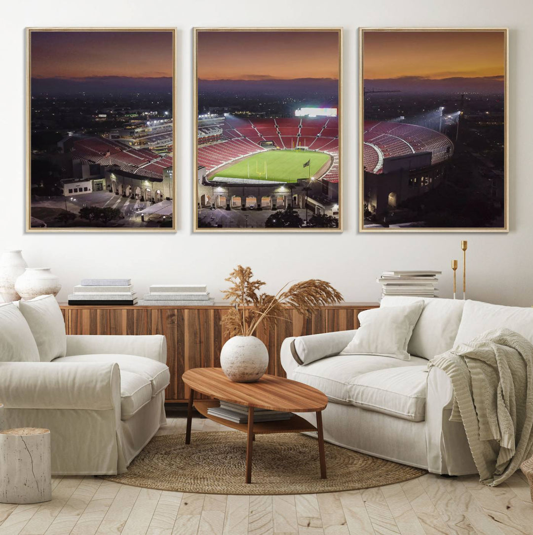 The USC Trojans Stadium canvas captures Memorial Coliseum at twilight, showcasing red seats and a green field beneath an orange sky.