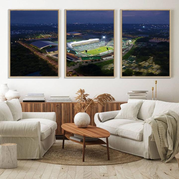 The USF Bulls Football Team Wall Art Canvas Print showcases the Tampa USF Football Stadium at night with city lights.