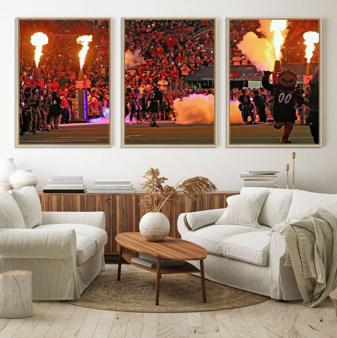 This canvas print captures the UTSA Roadrunners storming the Alamodome under smoke and fire.