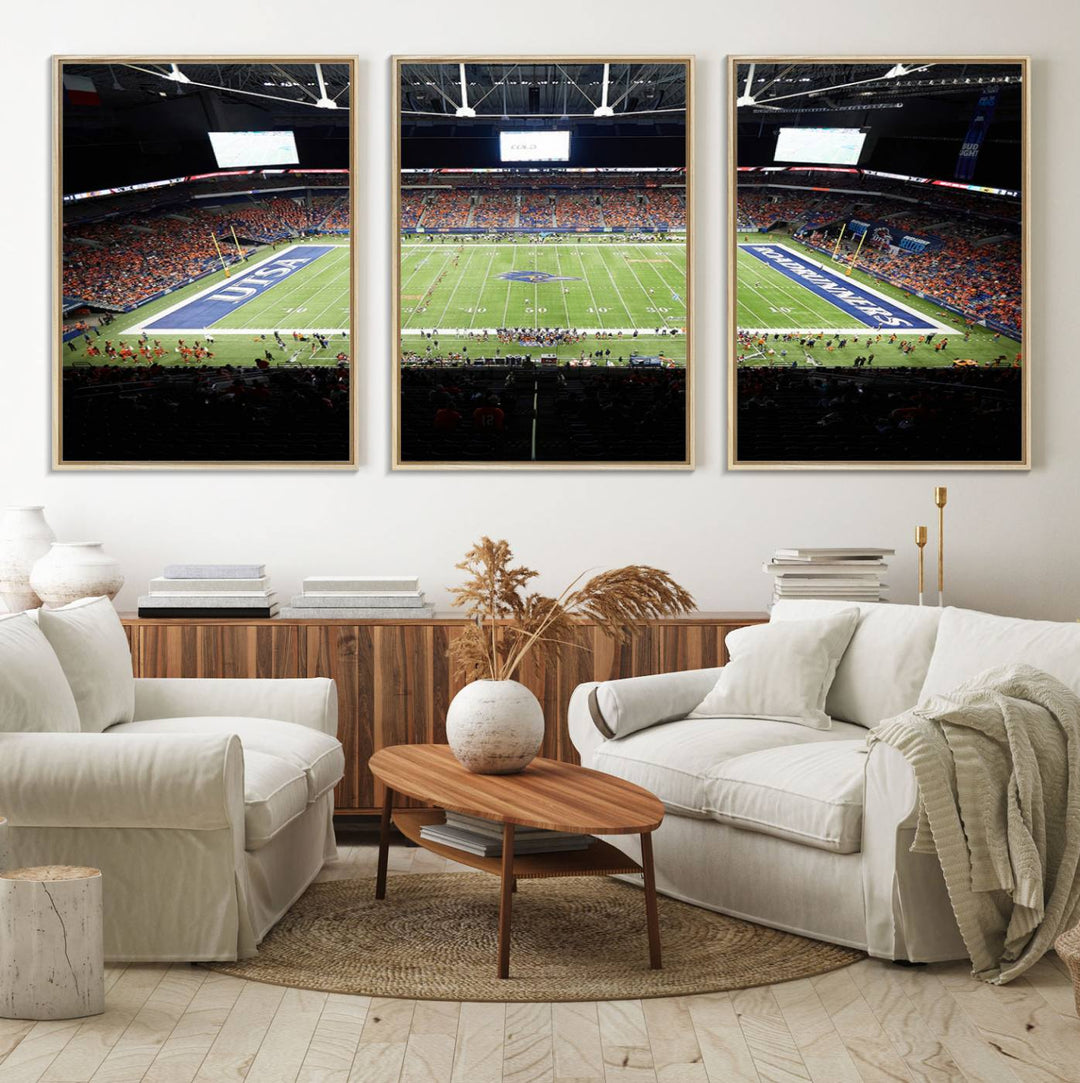 The UTSA Roadrunners game at Alamodome canvas print captures the scene from above, displaying fans and the UTSA lettering on the field.