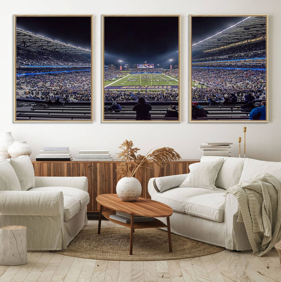 A canvas print titled The University of Washington Huskies Football depicts a packed Husky Stadium at night, as seen from the stands.