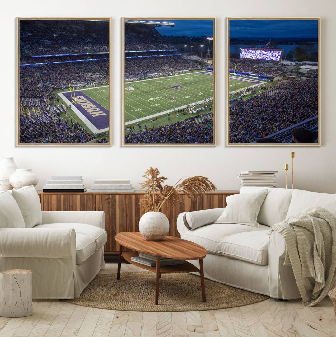 The University of Washington Huskies Football Team Print: Seattle Husky Stadium Wall Art Canvas captures a dusk stadium view.