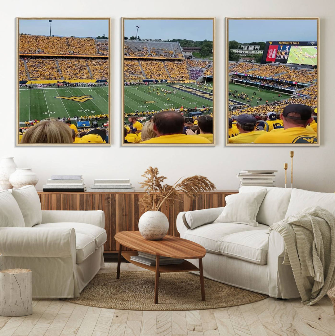 A Puskar Stadium canvas print decorates the modern living room shelf.