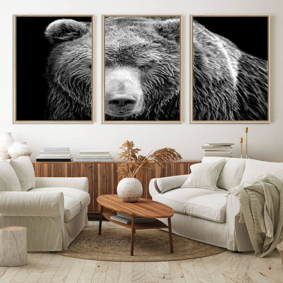 The 399 Grizzly Bear Canvas Print is displayed prominently on a wall in a modern living room.