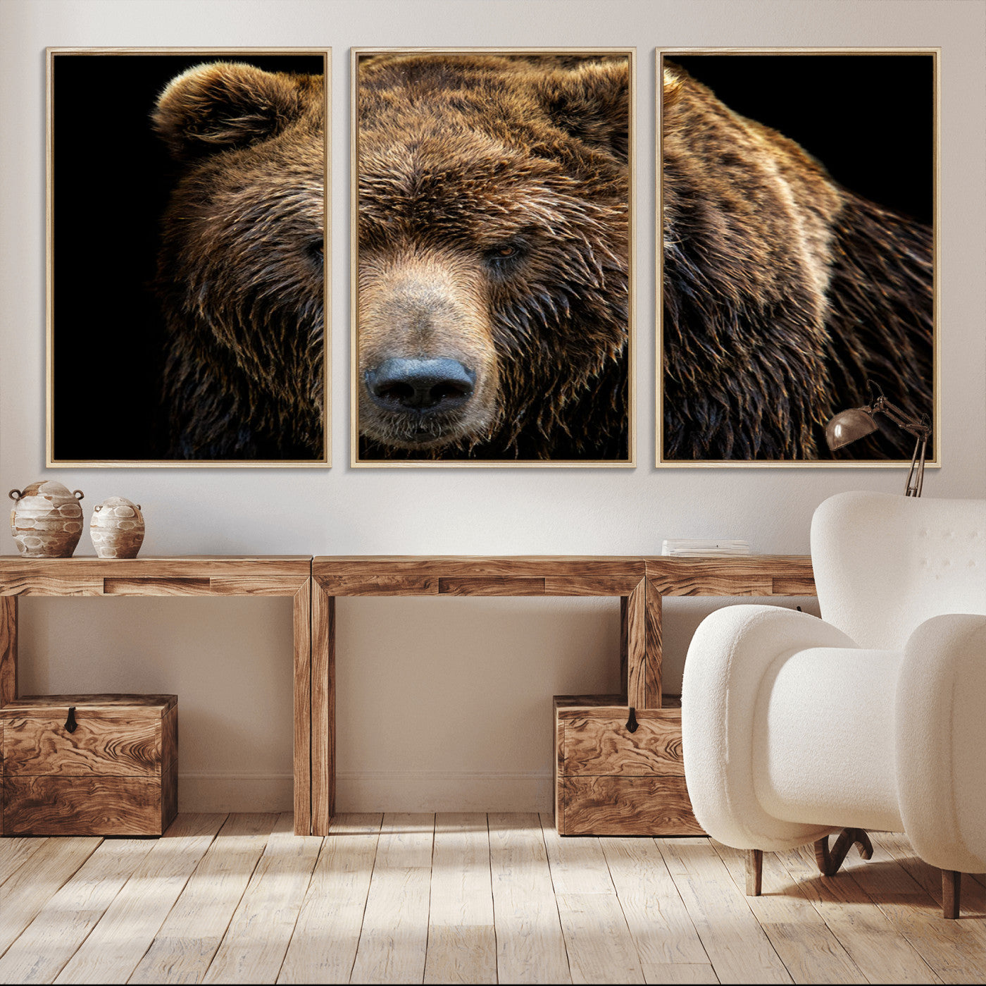 MGV-FC-60X30-3P - Grizzly Brown Bear Canvas Wall Art, Wildlife Animal Canvas Artwork Bear Print, Bear Wall Art Print,