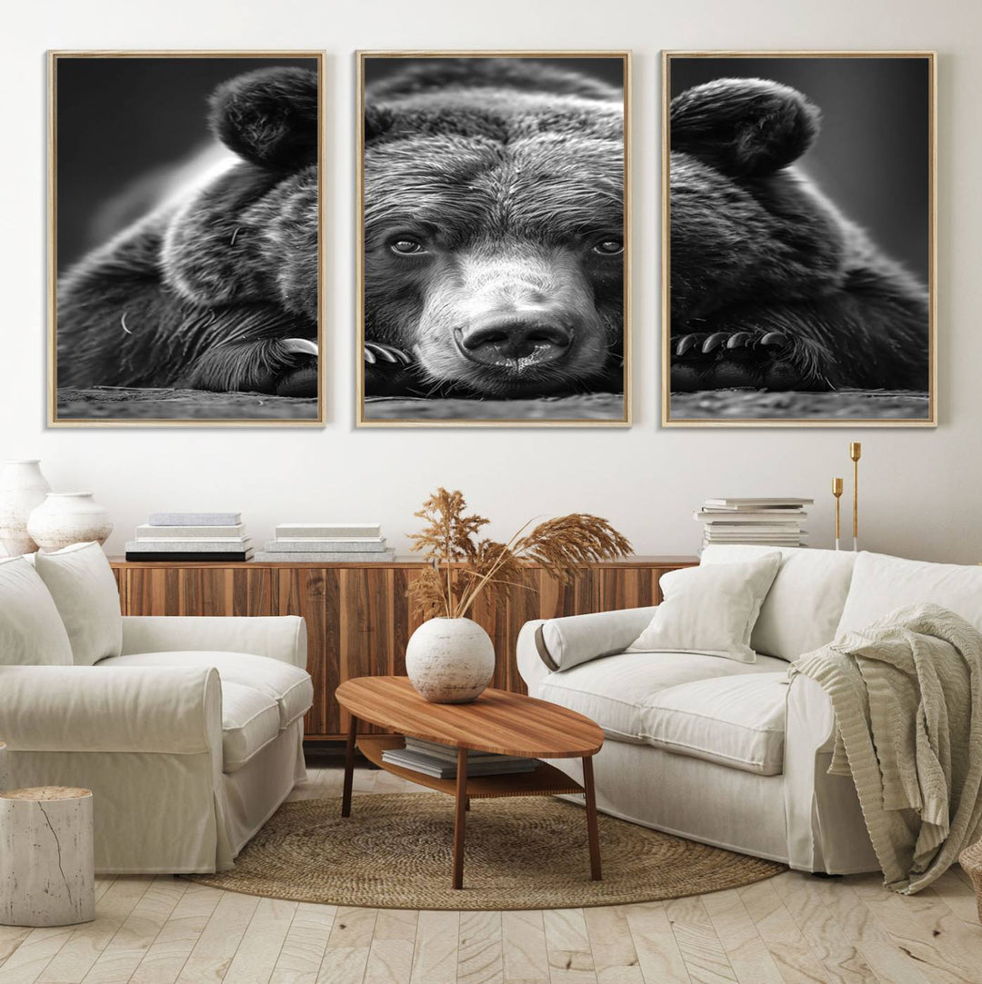 A black and white canvas print titled Resting Grizzly 399 Bear is displayed prominently.